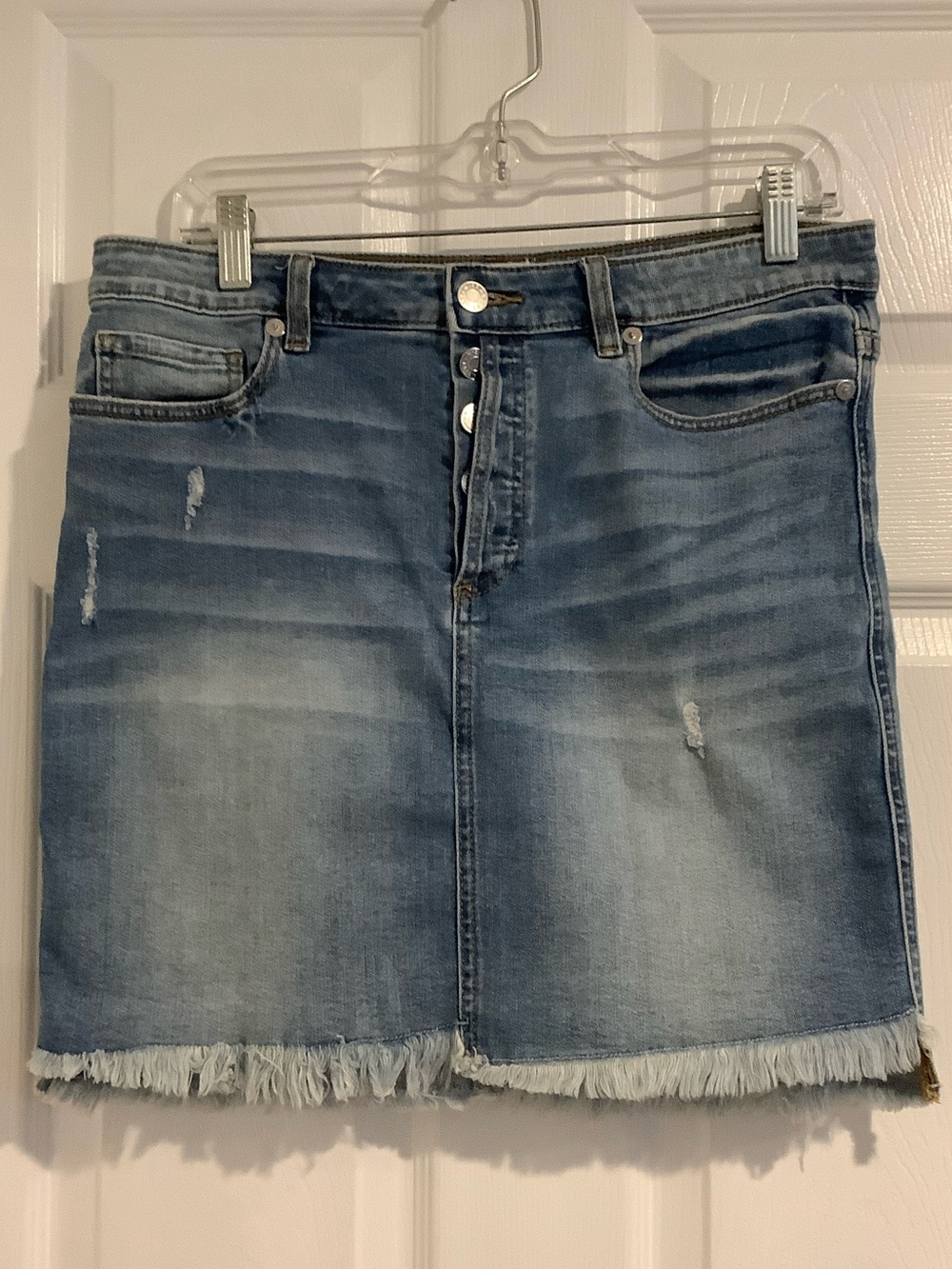 MISS ME Distressed Frayed Y2K ButtonFly Asymmetrical Stretch Denim Mini Skirt 31